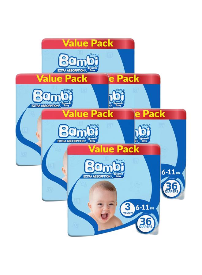 Sanita Bambi Size 3, Medium, 6-11 Kg, Value Pack, 36 Diapers Bundle